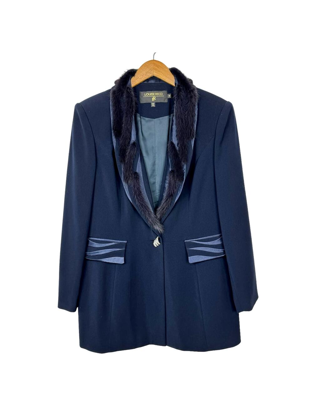 Louise Ricci Vintage Dark Navy Blue Faux Fur Collar Jeweled Button Blazer Jacket